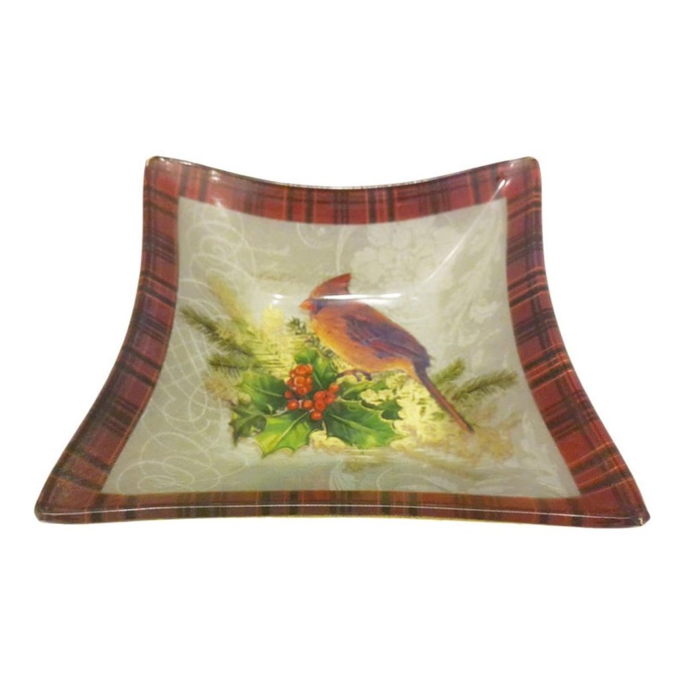 Vintage Cardinal & Holly Berry Tartan Glass Bowl